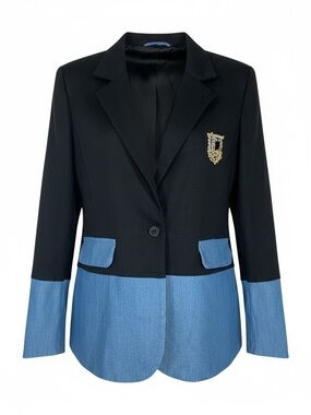 Black and Light Blue Two-Tone Women's Blazer with Crest